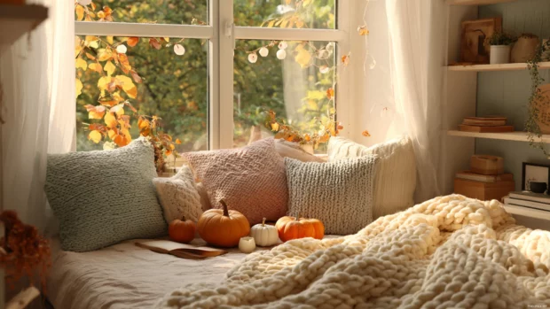 Aesthetic Cozy Autumn bedroom with soft pillows, knitted blankets, pumpkins, and falling leaves outside the window.