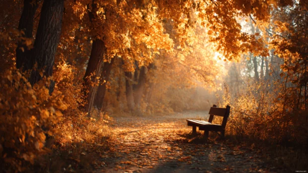 Aesthetic Cozy Autumn landscape with soft sunlight filtering through golden trees and a peaceful wooden bench.
