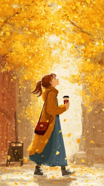 Aesthetic Cozy Autumn moment with a girl holding a warm drink while walking under golden trees with falling leaves.