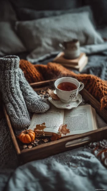 Aesthetic Cozy Autumn morning with knitted socks, open books, and a tray of hot tea placed on a soft bed.