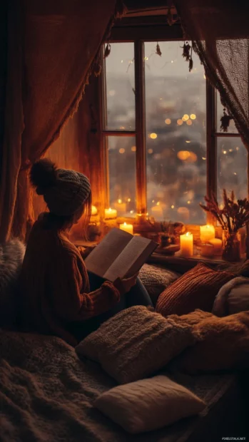 Aesthetic Cozy Autumn vibe with a girl reading a book by the window surrounded by soft pillows and glowing candles.