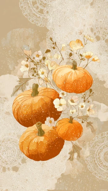 Aesthetic arrangement of cute pumpkin illustrations with lace and delicate background textures.