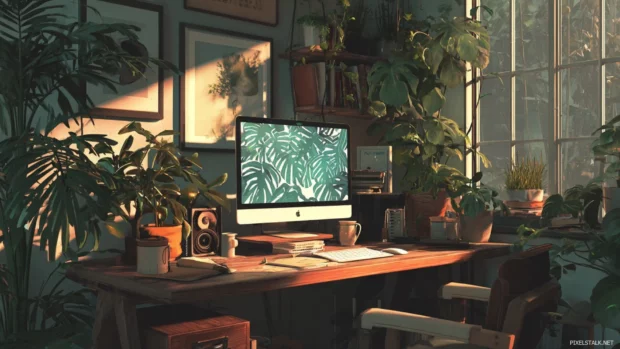 Aesthetic beautiful backgrounds for PC highlighting a minimalist workspace adorned with lush plants and warm lighting, creating an inviting atmosphere.