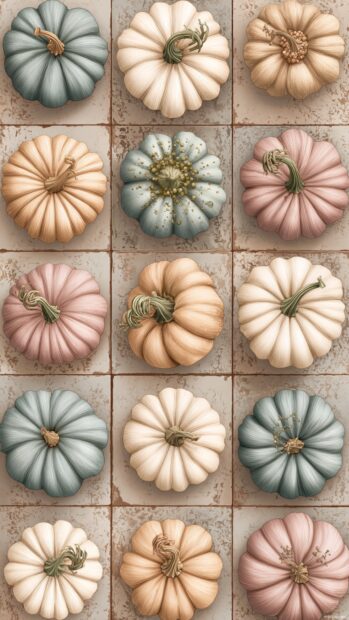 Aesthetic collage of tiny pumpkins in pastel shades laid out in a vintage tiled pattern.