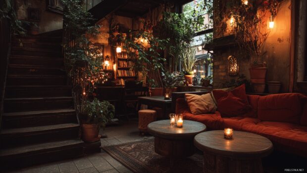 Aesthetic computer backgrounds, A cozy coffee shop setting with warm tones and beautiful decor.