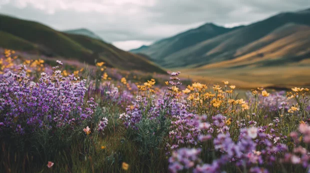 Aesthetic cool nature background images displaying wildflowers in full bloom amidst rolling hills, bringing beauty and inspiration to your desktop.
