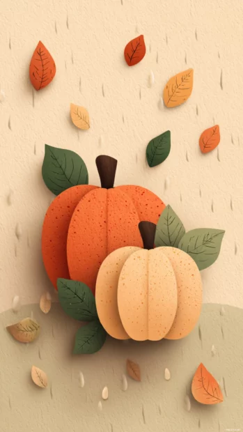 Aesthetic cute pumpkin artwork layered with falling leaves and light paper textures.