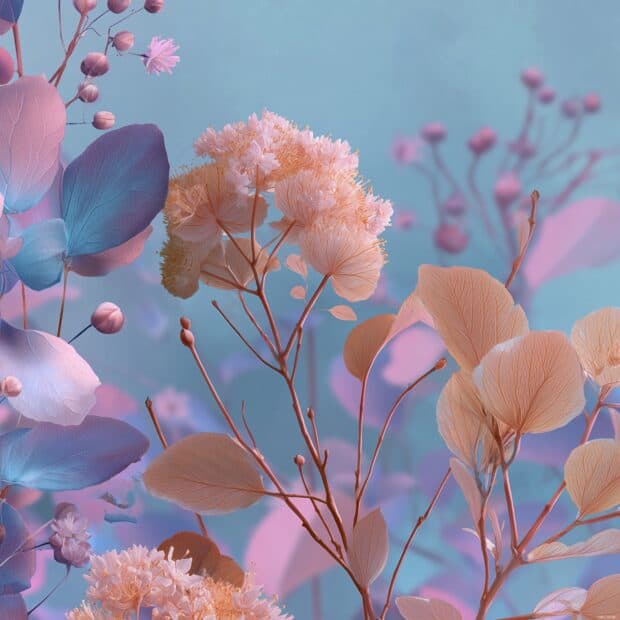 Aesthetic iPad wallpapers, Soft pastel hues merging gracefully with botanical elements.