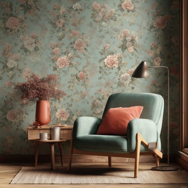 Aesthetic iPad wallpapers, Vintage floral designs in dusky rose and muted turquoise.