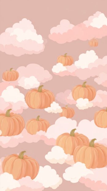 Aesthetic pumpkin iphone wallpaper in soft pastel tones with repeating pumpkin pattern floating above subtle clouds.