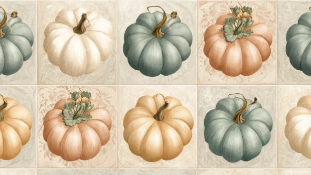 Aesthetic pumpkin wallpaper hd featuring soft pastel pumpkins arranged in symmetrical tiles across a linen colored canvas.