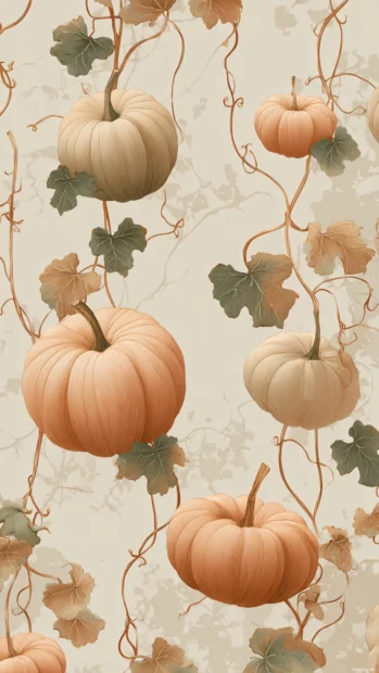 Aesthetic pumpkin wallpaper with pastel pumpkins floating on soft beige canvas and delicate vine patterns.