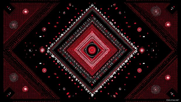 Aesthetic red and black background with intricate geometric shapes.