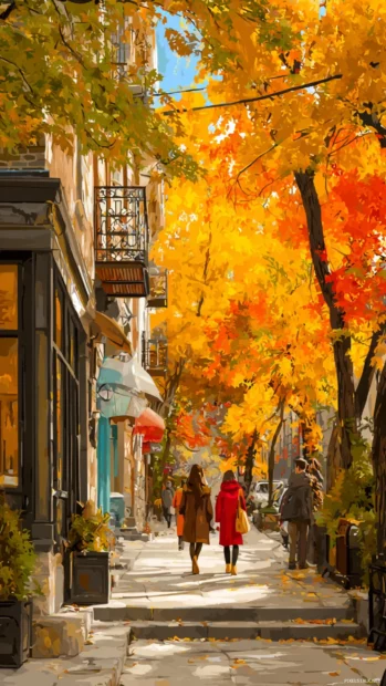 Aesthetic street view of Cozy Autumn with people in scarves walking among trees full of vibrant fall colors.
