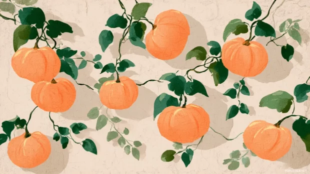 Aesthetic tile background featuring soft orange pumpkins with trailing vines and subtle shadows.