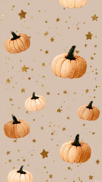 Aesthetic tile of cute pumpkins and golden stars floating on a muted pastel background.