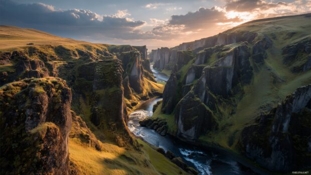 Amazing backgrounds for PC, A breathtaking vista of a canyon with steep cliffs and a winding river running through it under a sunset sky.