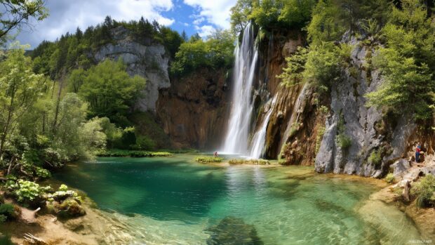 Amazing backgrounds for desktop, A majestic waterfall cascading down a rocky cliff into a crystal clear pool, surrounded by lush greenery.