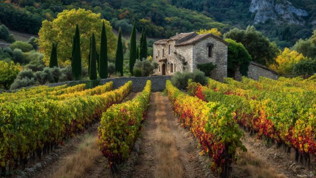Amazing backgrounds for desktop, A picturesque vineyard during harvest season, with rows of grapevines and an old stone house.