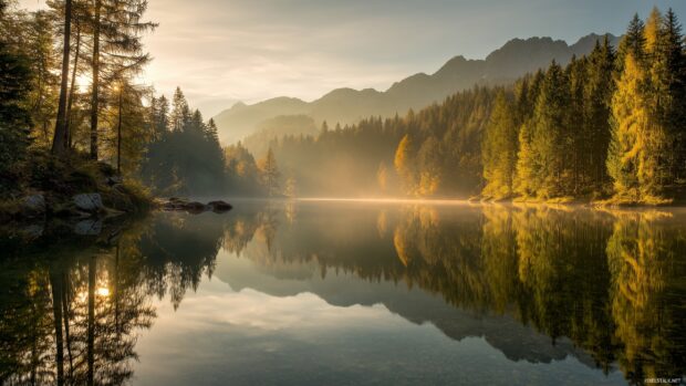 Amazing backgrounds free download, A tranquil lake reflecting the surrounding mountains and trees, bathed in the golden light of dawn.