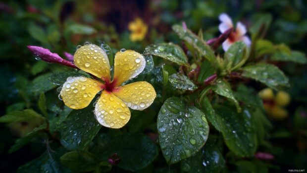 Amazing backgrounds high resolution, A close up of a blooming flower in a garden, adorned with morning dew and lush green leaves.
