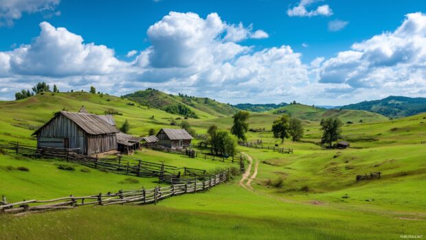 Amazing backgrounds high resolution, A peaceful countryside scene with rolling hills, a rustic barn, and farm animals grazing under a blue sky.