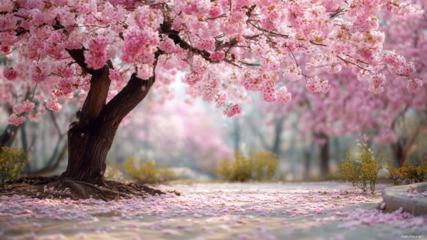 Amazing backgrounds nature, A charming cherry blossom tree in full bloom with soft pink petals falling gently to the ground.