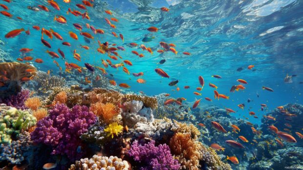 Amazing backgrounds nature, A vibrant coral reef teeming with colorful fish and corals at the bottom of a clear blue ocean.