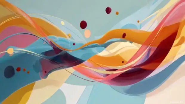 An abstract Moving composition with fluid curves, floating elements, and harmonious color gradients.