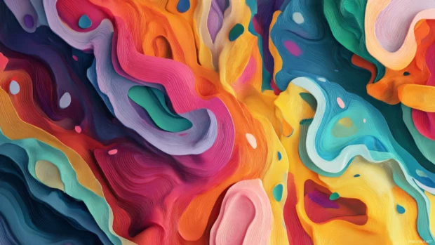 An abstract high resolution desktop wallpaper with colorful geometric shapes merging in a fluid design.