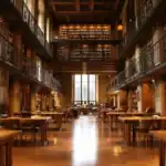 An academic library filled with towering bookshelves and ample study spaces, inviting knowledge seekers to focus