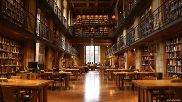 An academic library filled with towering bookshelves and ample study spaces, inviting knowledge seekers to focus.