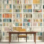 An aesthetic library wallpaper that harmonizes minimalist design with inviting book displays, perfect for modern desktops