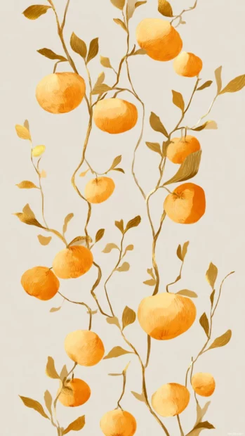 An aesthetic scene of cute pumpkins and golden branches forming a repeating vertical wallpaper.