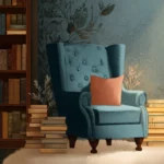 An artistic interpretation of a cozy library corner with a plush armchair and a stack of books, ideal for a warm desktop vibe
