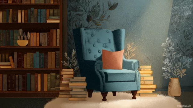 An artistic interpretation of a cozy library corner with a plush armchair and a stack of books, ideal for a warm desktop vibe.
