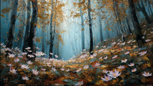 An enchanting Autumn forest where delicate flowers peek out from the fallen golden leaves.