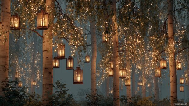 An enchanting birch forest backgrounds at twilight with glowing lanterns.