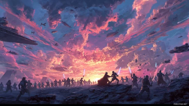 An epic Star Wars battle scene with Jedi knights and Sith lords clashing under a dramatic sky filled with spaceships.