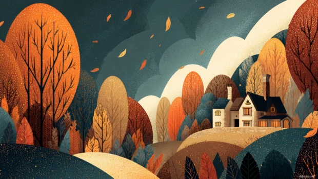 An illustrated autumn landscape with falling leaves and cozy woodland cottages, inspired by Studio Ghibli art style.