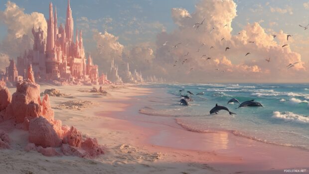 An imaginative beach with colorful sandcastles and playful dolphins, free beach hd wallpapers.