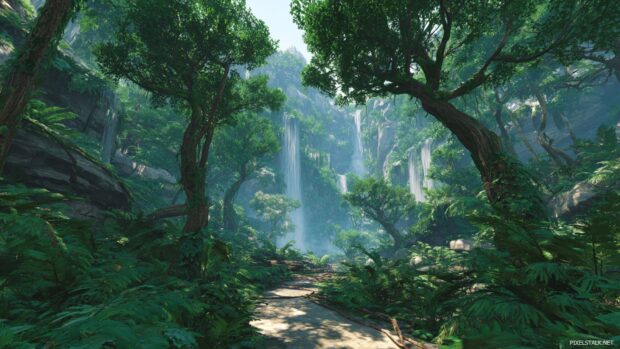 An immersive jungle adventure desktop backgrounds with hidden paths and waterfalls.