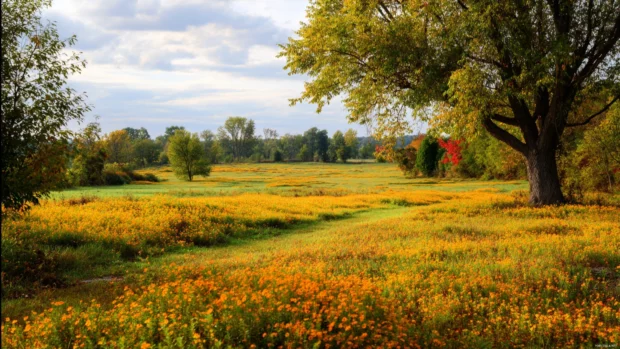 An inviting Autumn scene with fields of blooming goldenrod and scattered leaves creating a soft, warm carpet.