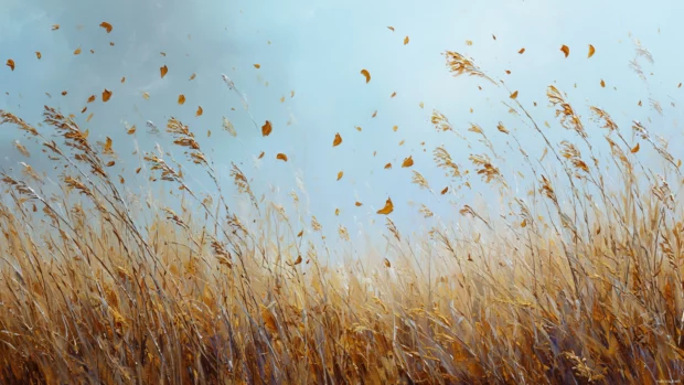 An open Autumn field filled with tall grasses swaying gently, golden leaves floating in the crisp breeze.