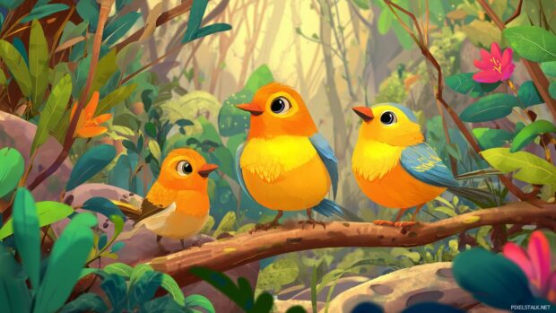 Animated bird wallpapers hd, A fun scene of cartoon birds chirping and playing in a vibrant forest, with playful animations and bright colors.