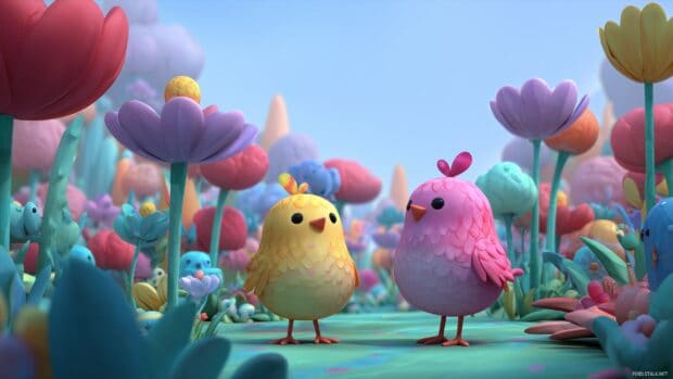 Animated bird wallpapers hd, A whimsical scene of animated birds dancing joyfully in a bright, cartoon style garden, filled with oversized flowers and a cheerful atmosphere.