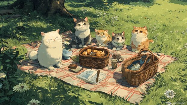 Animated cat wallpaper, A cute group of cats having a picnic in a sunny meadow, complete with a checkered blanket and a basket of treats.