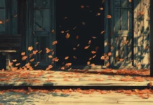 Animated desktop wallpapers depicting falling autumn leaves drifting across wooden porch.