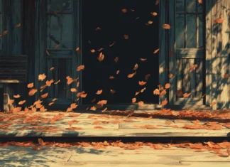 Animated desktop wallpapers depicting falling autumn leaves drifting across wooden porch.