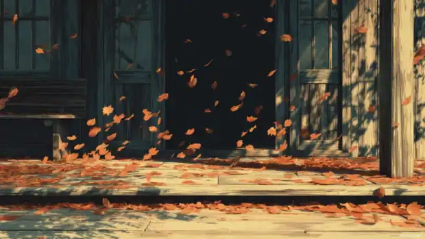 Animated desktop wallpapers depicting falling autumn leaves drifting across wooden porch.